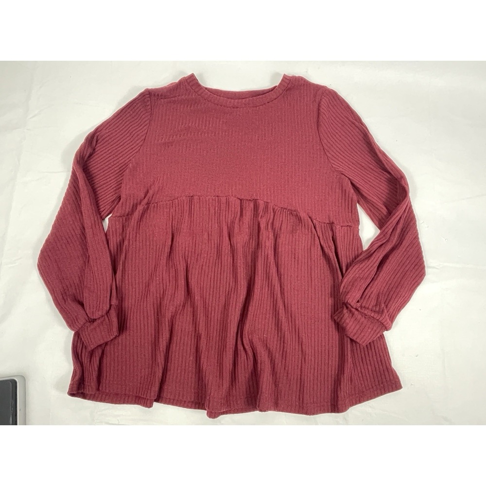 SHEIN Curve OXL Ribbed Babydoll Long Sleeve Top Burgundy